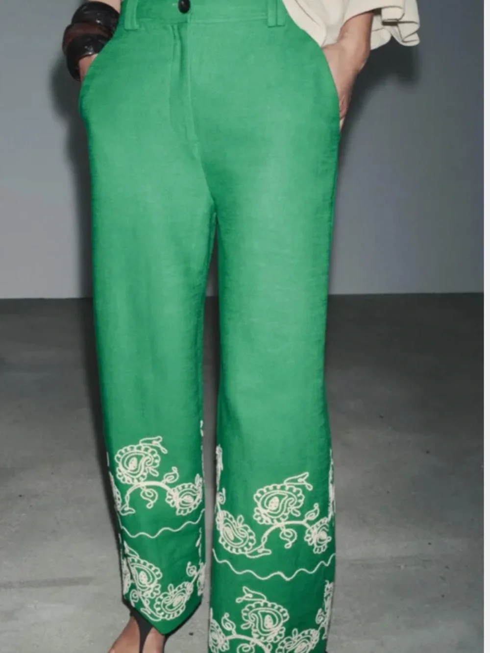 ZARA Green Embroidered Wide Leg Linen Blend Trousers